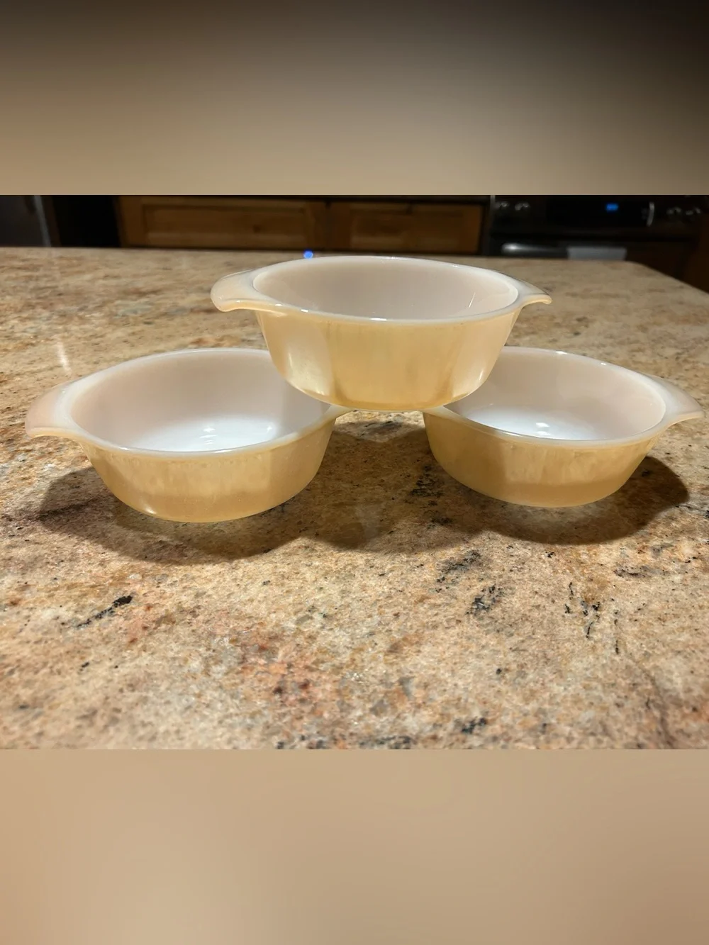 Anchor Hocking Fire King #472 Peach iridescent Lusterware 12oz Bake Set of (3)